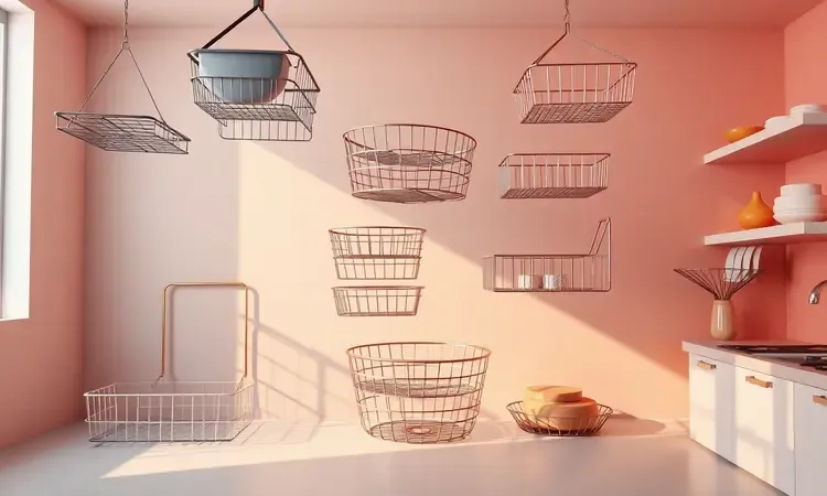 Composição 3D artística de acessórios metálicos como grelhas e cestos flutuando em um ambiente de cozinha minimalista.