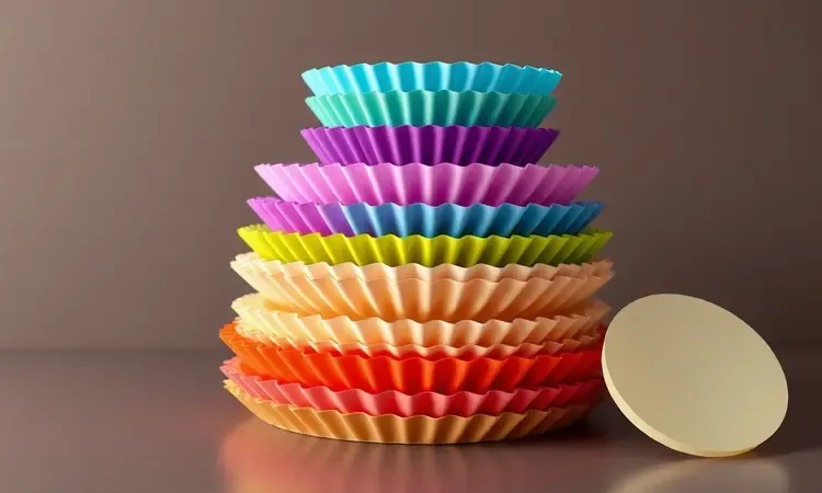 Diversos acessórios coloridos para air fryer como formas de silicone e papel forneável.