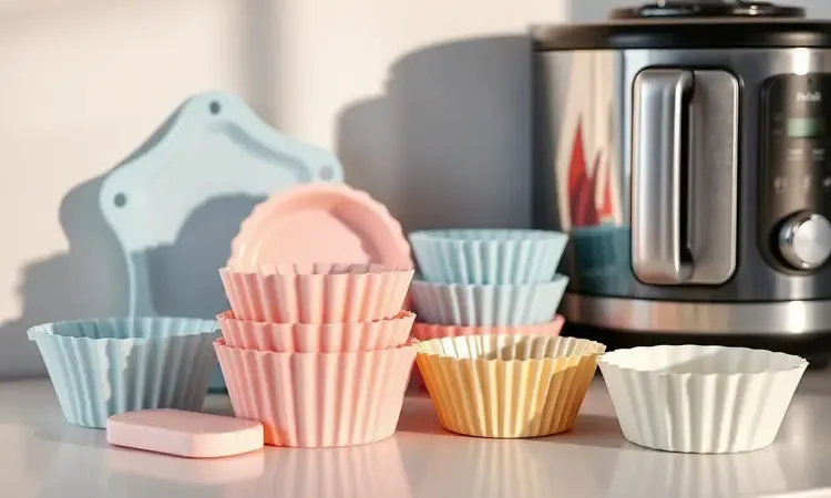 Acessórios de silicone coloridos e forros de papel protetor dispostos de forma estética em uma cozinha moderna.