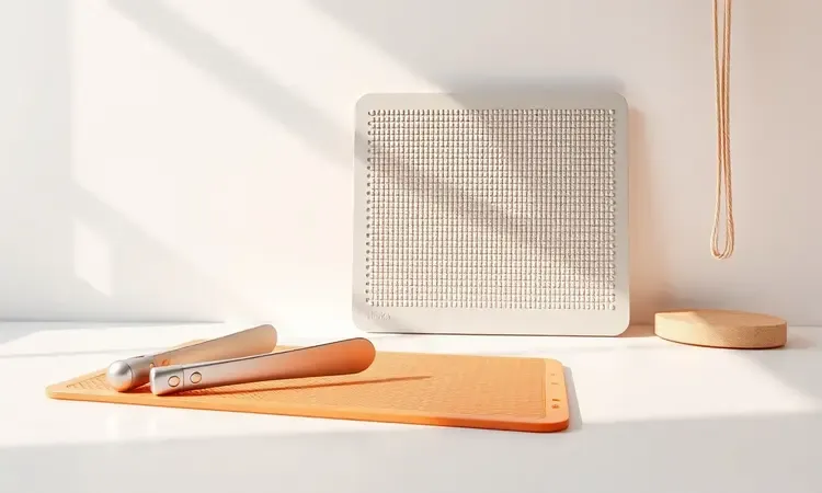 Acessórios de cozinha minimalistas como pinças e esteiras de silicone em um ambiente de design moderno.