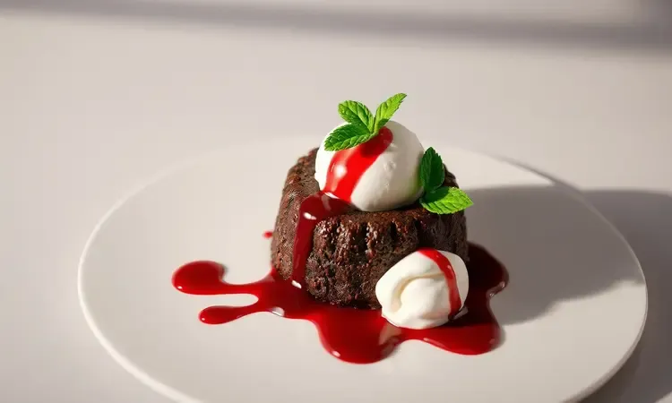 Sobremesa de luxo com petit gâteau, uma bola de sorvete de baunilha e frutas vermelhas em um prato elegante.