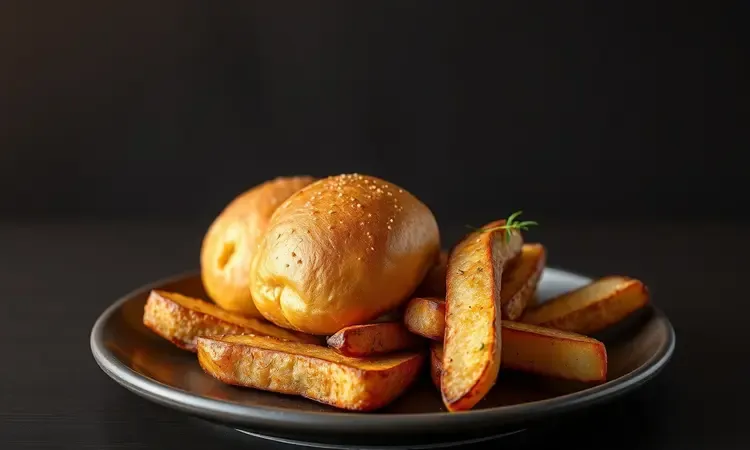 Pão de alho e batatas rústicas douradas servidos como acompanhamentos de churrasco.