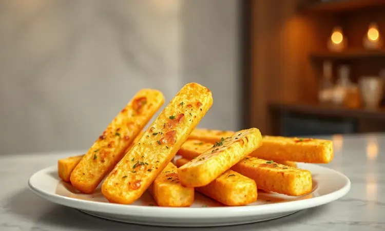 Pão de alho e queijo coalho dourados representados em estilo 3D vibrante.