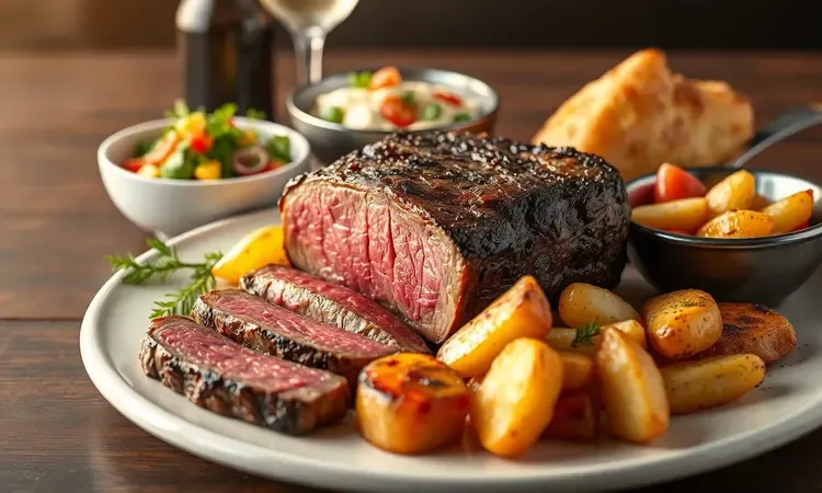 Prato completo servido com bife de contrafilé, batatas assadas douradas e salada fresca.