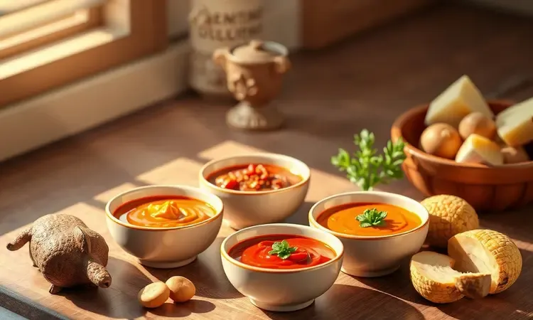 Tigelas conceituais com molhos coloridos e vegetais estilizados como acompanhamento para carne suína.
