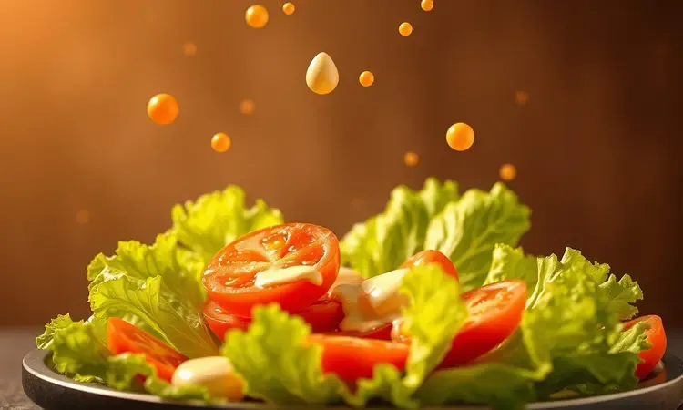 Composição estilizada de alface, tomate e gotas de molho para montagem de hambúrguer de frango.