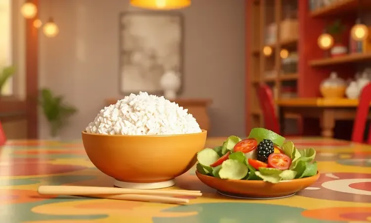 Mesa de almoço servida com arroz branco soltinho e salada fresca acompanhando o prato principal.