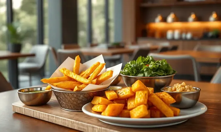 Mesa posta com acompanhamentos de galeteria como polenta frita e salada fresca em uma composição colorida.