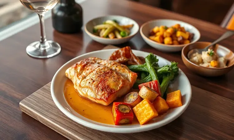 Prato esteticamente montado com peixe grelhado, legumes assados e arroz, em um ambiente acolhedor.