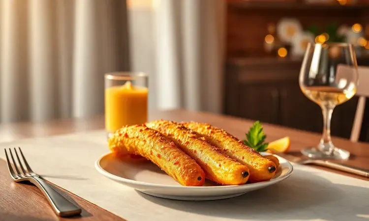 Um prato de cerâmica elegante com bananas à milanesa douradas servidas como acompanhamento em uma refeição completa.