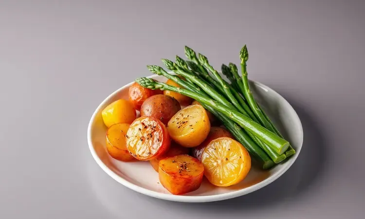 Prato colorido com vegetais assados e acompanhamentos gourmet em estilo 3D conceitual.