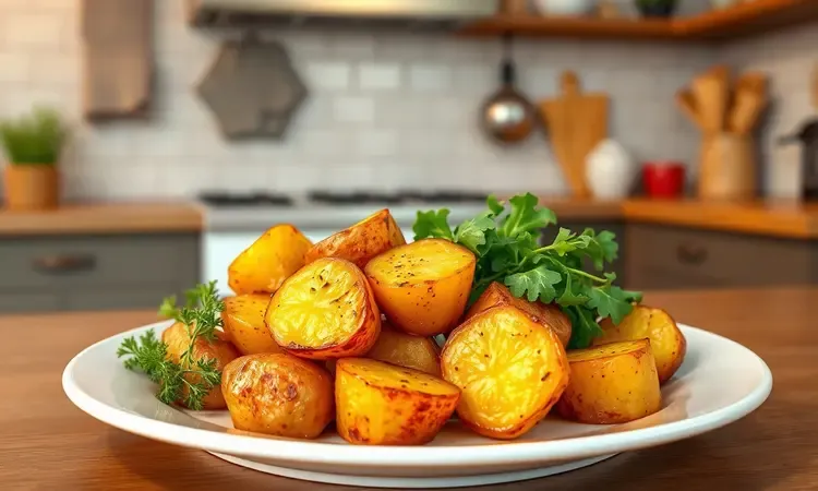 Prato colorido com acompanhamentos de batatas douradas e vegetais frescos em renderização 3D vibrante.