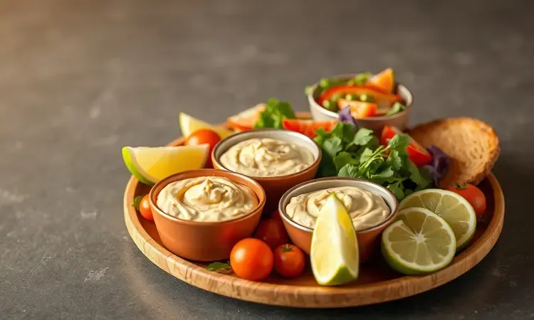 Prato conceitual com acompanhamentos mediterrâneos como homus e salada fresca para servir com kibe.