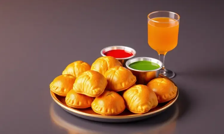 Sugestão de acompanhamentos com molhos e sucos para servir com pastel feito na airfryer.
