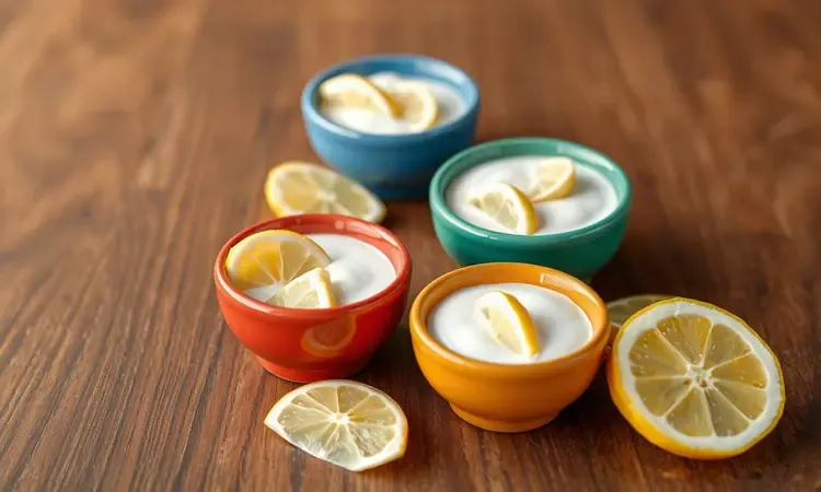 Pequenas tigelas coloridas com molhos cremosos e fatias de limão organizadas de forma artística em 3D.