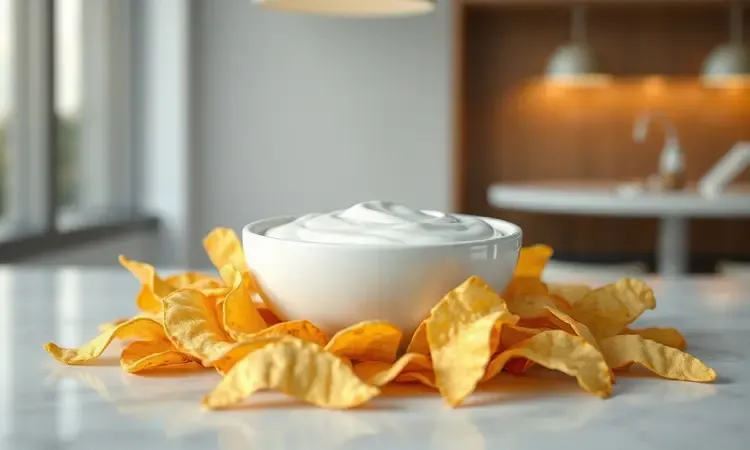 Molho cremoso em uma tigela de cerâmica cercado por chips crocantes em um ambiente moderno.