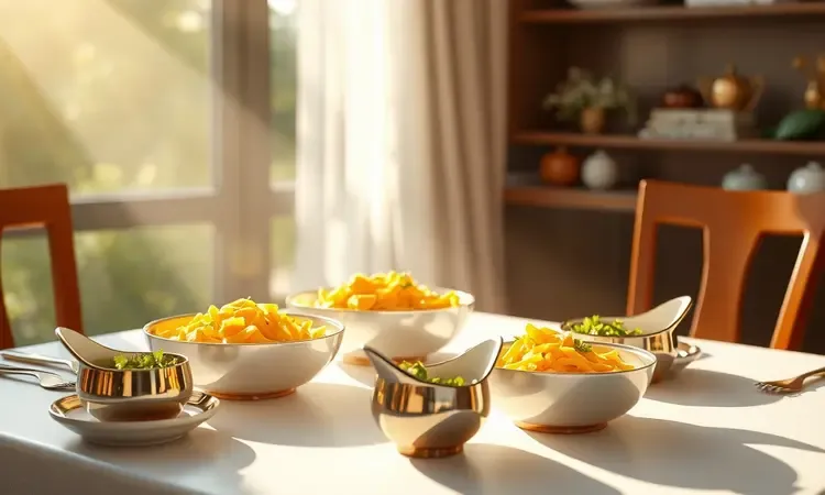 Cena 3D conceitual exibindo acompanhamentos deliciosos como farofa crocante e salada fresca dispostos de forma artística.