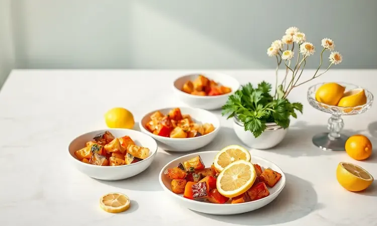 Composição colorida de vegetais e acompanhamentos saudáveis em renderização 3D de alta qualidade.