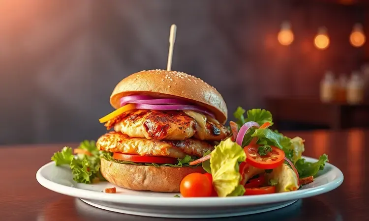 Prato vibrante com sanduíche de frango e salada fresca como sugestão de acompanhamento.