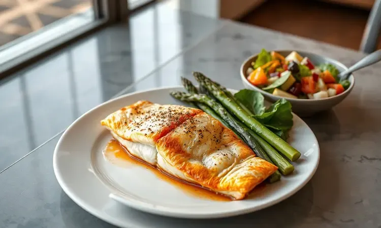 Prato vibrante com filé de peixe dourado acompanhado de legumes assados e uma salada fresca colorida.