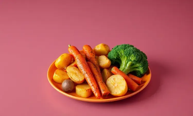 Prato estético com legumes assados coloridos servidos como acompanhamento.
