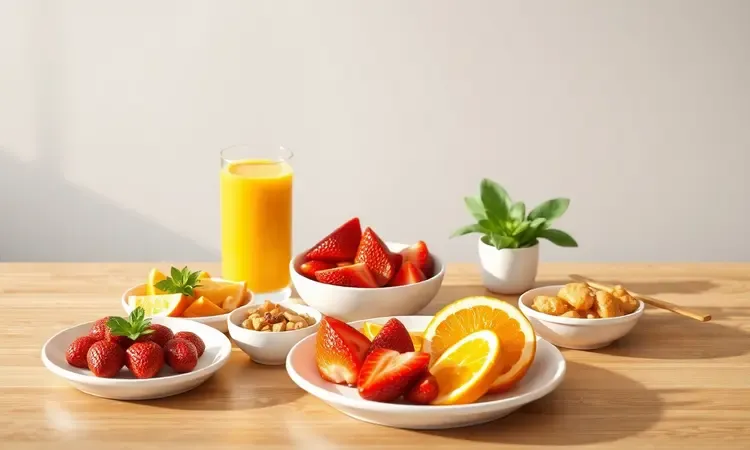 Frutas frescas e suco em uma mesa de madeira, ilustrando acompanhamentos para o café da manhã em 3D.