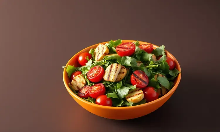 Prato colorido com salada de folhas verdes, tomates cereja e vegetais grelhados para acompanhar o peixe.