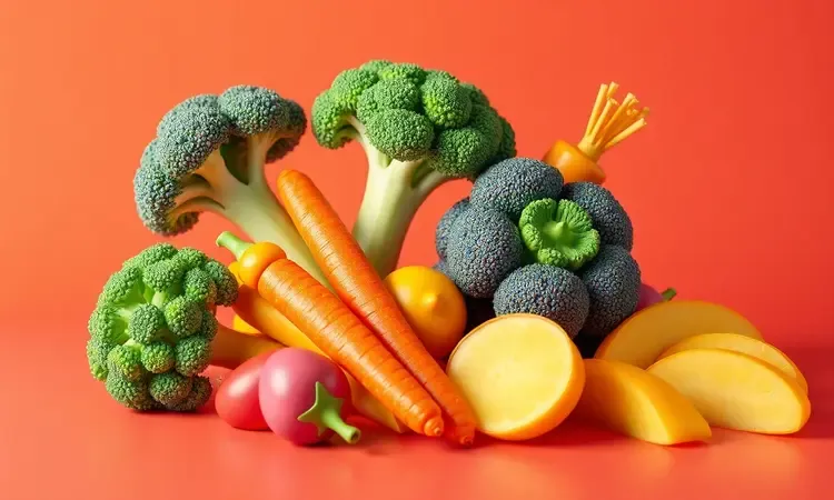 Vegetais coloridos e acompanhamentos saudáveis como brócolis e cenouras dispostos artisticamente em 3D.