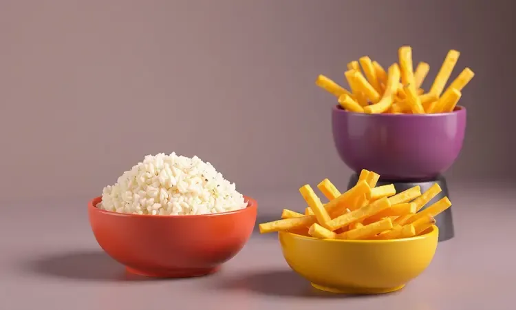 Acompanhamentos deliciosos como arroz e batatas fritas servidos em tigelas coloridas em estilo 3D estético.