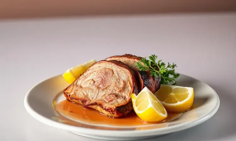 Prato servido com fatias de panceta e acompanhamentos em estilo 3D vibrante.