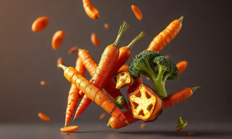 Legumes assados e crocantes em uma representação artística 3D colorida.