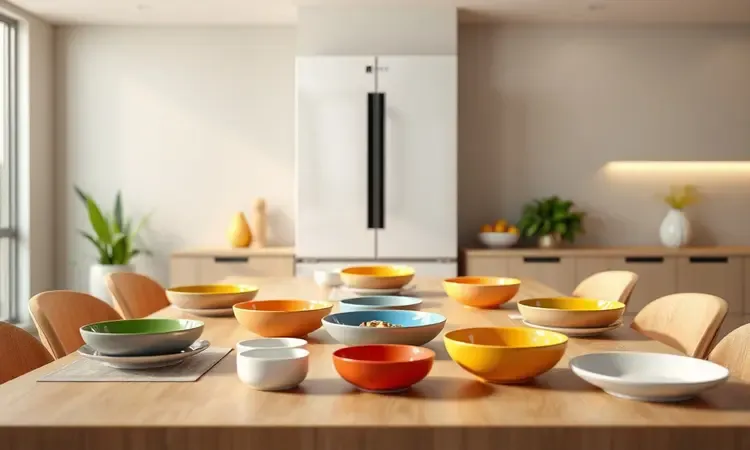 Cena conceitual em 3D de uma mesa de jantar sugerindo o uso de uma air fryer de 6 litros para famílias.