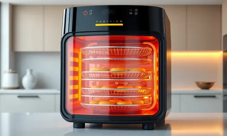 Representação conceitual em 3D de uma air fryer tipo forno com grande capacidade e prateleiras organizadas.