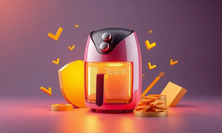 Ilustração 3D conceitual de uma air fryer simbolizando qualidade e custo-benefício com tons dourados e iluminação quente.