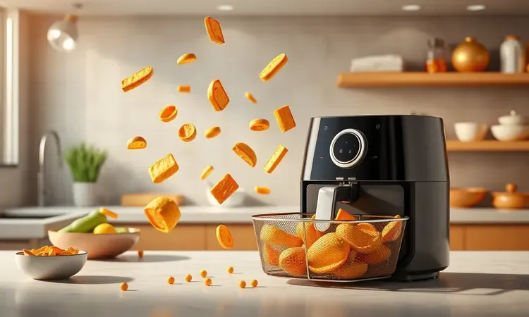 Representação 3D conceitual de uma air fryer com ingredientes dourados e iluminação quente destacando a qualidade do eletrodoméstico.