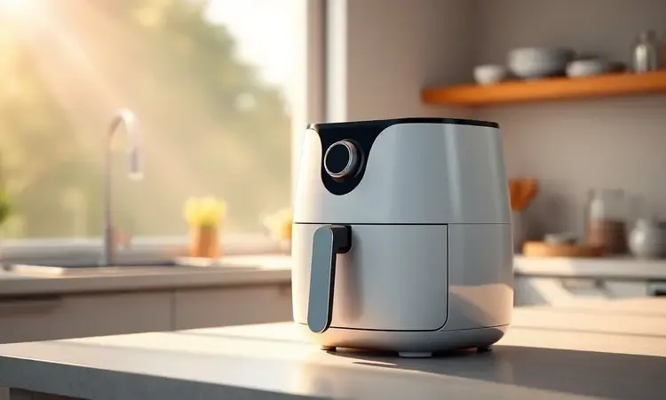 Representação conceitual 3D de uma fritadeira elétrica estilizada em uma cozinha moderna com iluminação quente.
