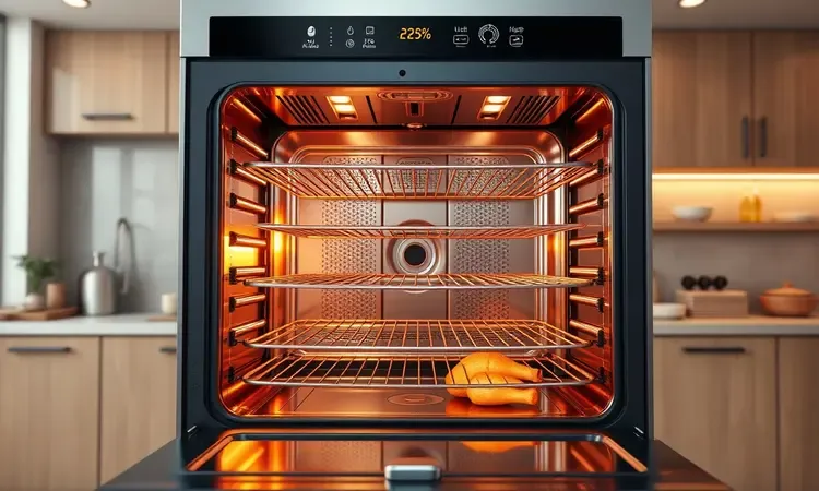 Visão interna conceitual 3D de uma air fryer oven espaçosa com múltiplas prateleiras para famílias grandes.