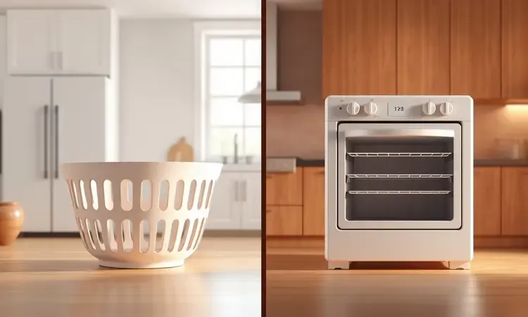 Comparativo conceitual entre os formatos de cesto tradicional e forno air fryer oven.