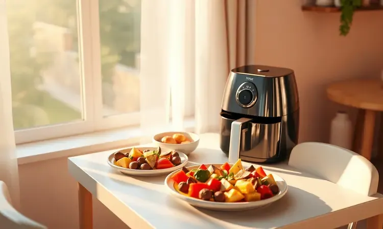 Refeição saudável para duas pessoas preparada em uma airfryer compacta em uma mesa de jantar ensolarada.