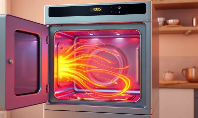 Ilustração 3D mostrando ondas de calor laranjas e correntes de ar circulando dentro de uma cavidade de eletrodoméstico estilizado.