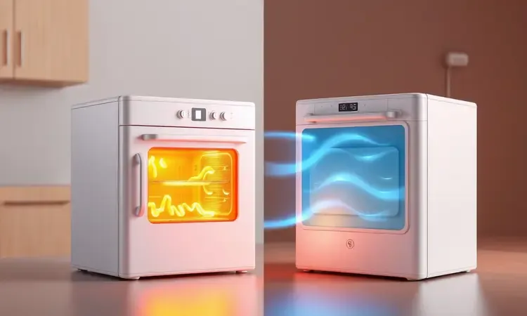 Representação 3D artística comparando a eficiência de aquecimento entre uma fritadeira elétrica e um forno de micro-ondas.