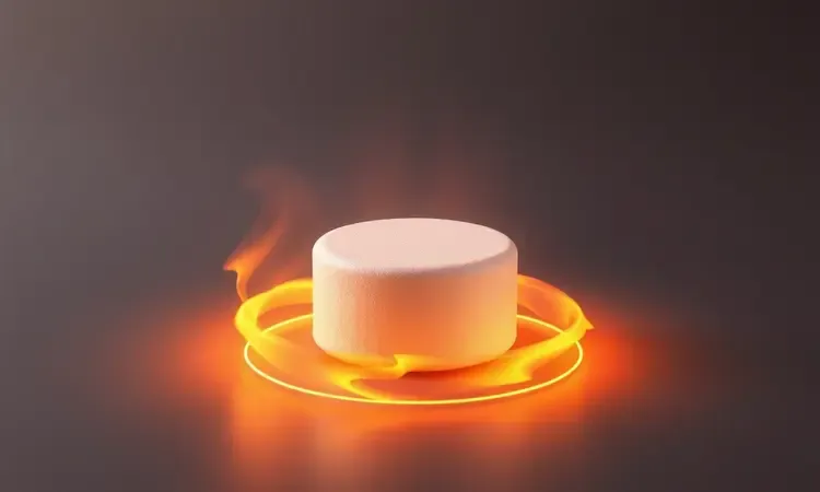Representação conceitual 3D de ondas de calor douradas envolvendo um bolo para simbolizar o ajuste de temperatura.