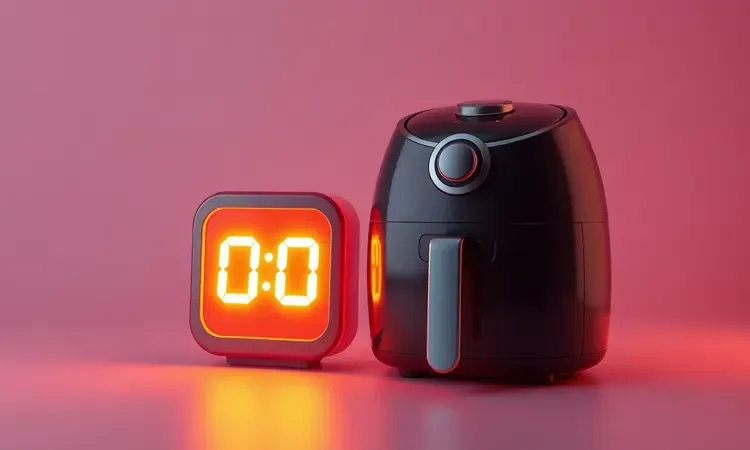 Representação 3D conceitual de um relógio estilizado e uma air fryer sugerindo controle de tempo e temperatura.