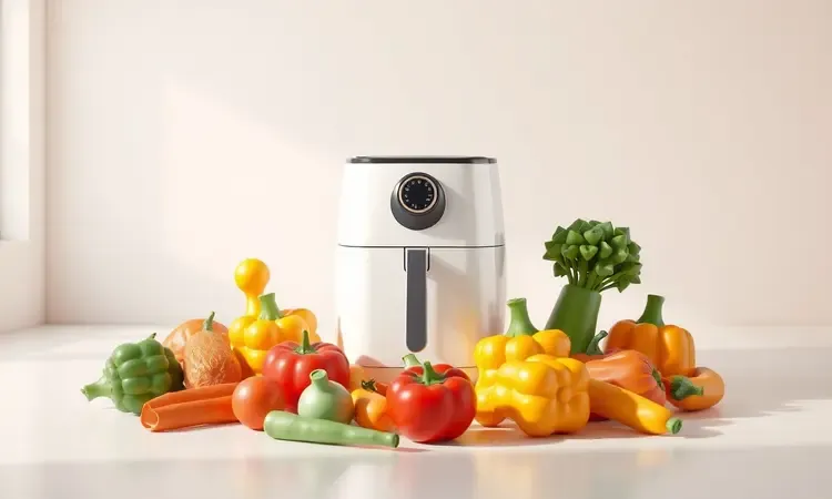 Composição 3D artística com diversos vegetais coloridos e orgânicos dispostos harmonicamente ao lado de uma air fryer.