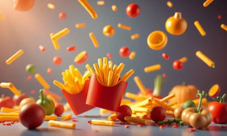 Composição 3D colorida de batatas fritas e vegetais estilizados flutuando com iluminação cinematográfica.