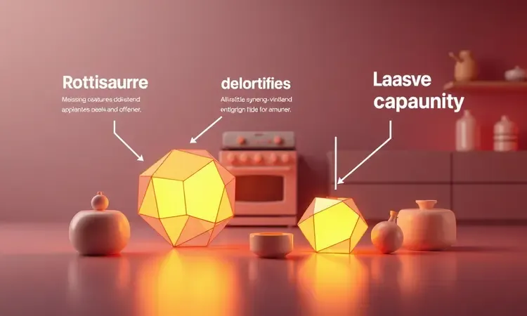 Ilustração 3D conceitual de uma escolha inteligente entre diferentes funções tecnológicas de fornos elétricos modernos.