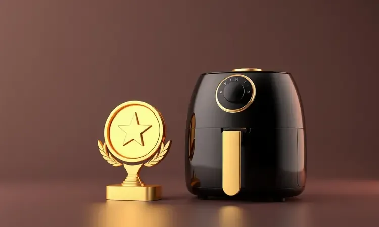 Representação conceitual de qualidade premium e valor agregado de uma air fryer de luxo em estilo 3D.
