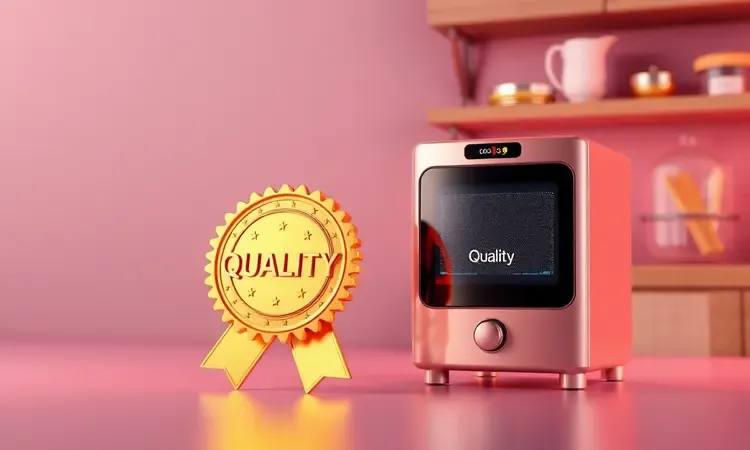 Selo de qualidade dourado conceitual em ambiente de cozinha moderna com iluminação quente em 3D.