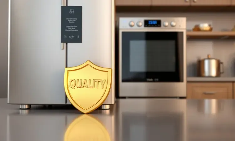 Representação conceitual em 3D de um selo de qualidade e confiabilidade para eletrodomésticos de cozinha.