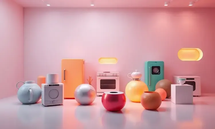 Diversos modelos conceituais de eletrodomésticos dispostos em uma galeria minimalista com iluminação de destaque e cores vibrantes.